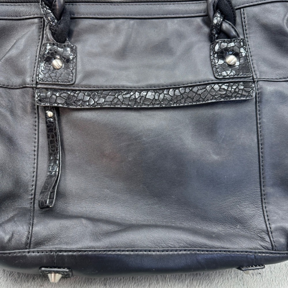 Sharif Leather Tote Bag Womens Medium Black Excellent Woven Croc Embossed Trim - Picture 7 of 13